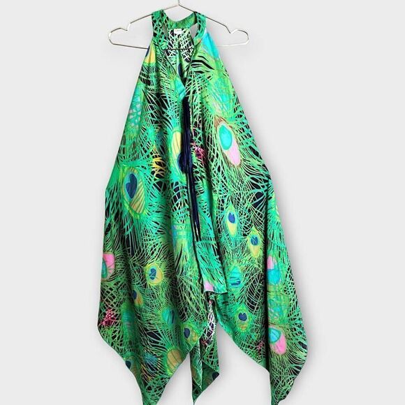 Tunic Womens Dress Sz Large Green Blue Peacock Silk Layers Caftan Boho Swiftie - Picture 3 of 16